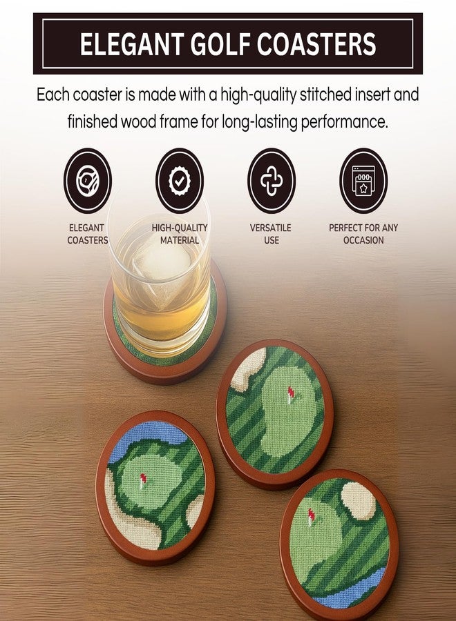 Khen Golf Hand-Stitched Needlepoint Coasters - Set of 4 - Wooden Holder Solid Wood with Needlepoint Inlay with French Cotton Thread 4" Durable Decorative Gift, Drink Mats Unique Golfers Barware Gifts - Image 5